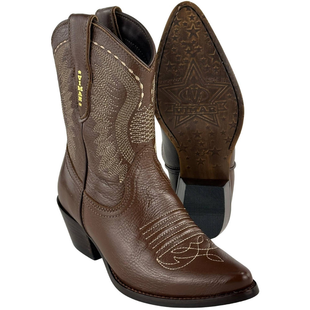 Bota Texana Feminina Vimar Bico Fino Traveel Amarula Bordado Creme Sola Genova Voo Café Ref:11312
