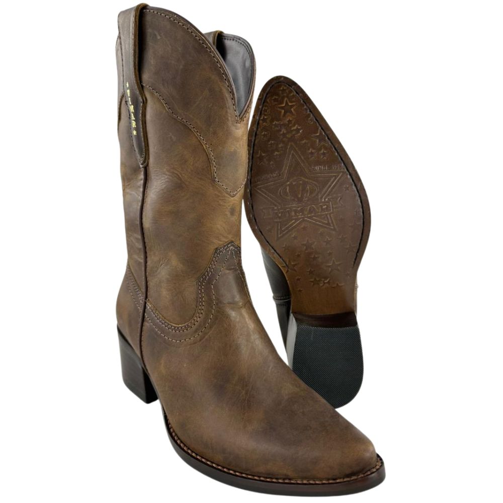 Bota Texana Feminina Vimar Bico Fino Couro Fóssil Castanho Cano Médio Sola Toscana Café V0 - Ref:11232