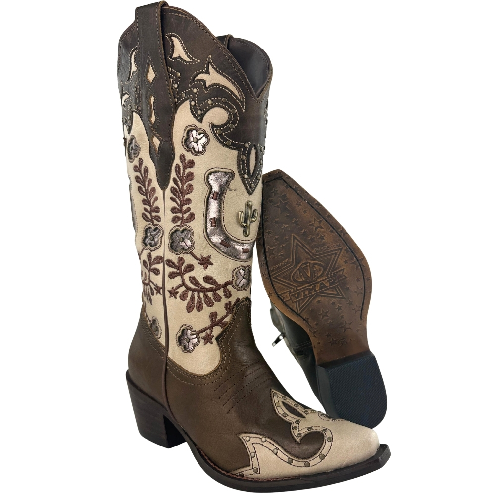 Bota Texana Feminina Vimar Bico Fino Couro Sli/Fóssil Castanho/Off White Sola Luchese REF:10301