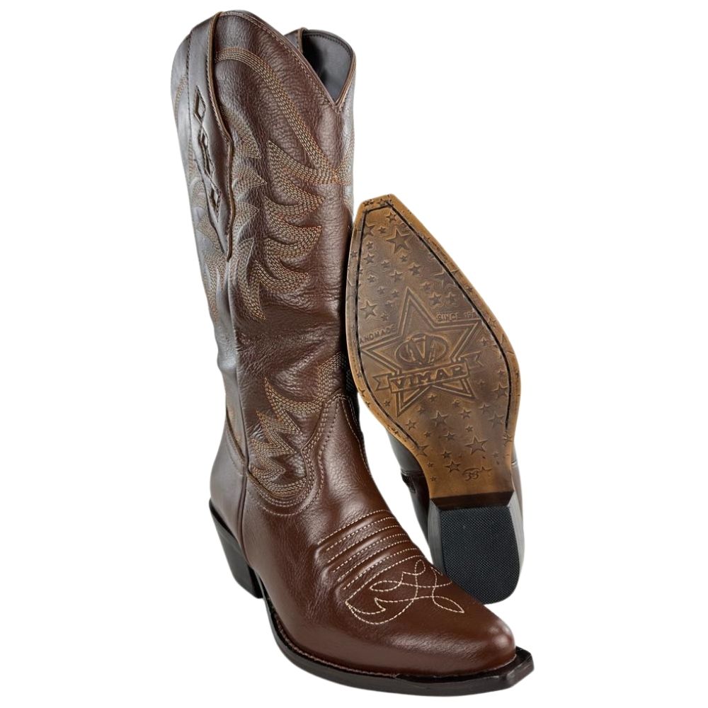 Bota Texana Feminina Vimar Bico Fino Couro Travel Amarula Bordado Sola Carrara Café Ref: 10278