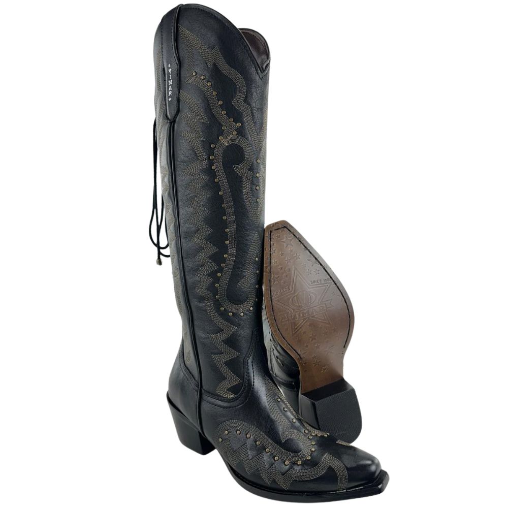 Bota Texana Feminina Vimar Bico Fino Couro Travel Preto Sola Luchese Com Cordão De Ajuste Ref:10280
