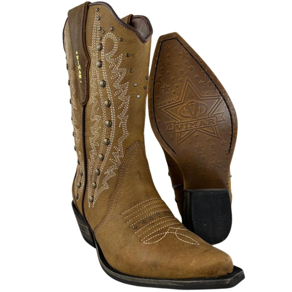 Bota Texana Feminina Vimar Bico Fino Fóssil Caramelo Carrara Rustica Ref: 11291