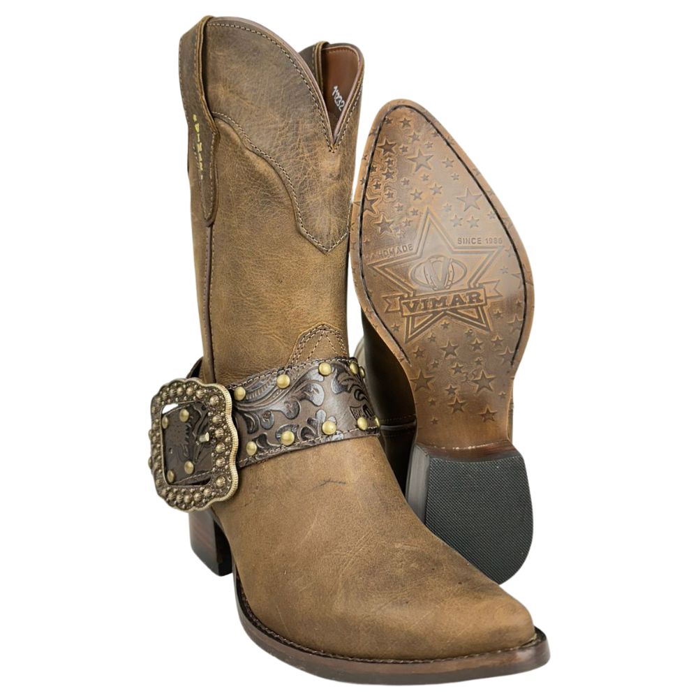 Bota Texana Feminina Vimar Bico Fino Fossil Castanho Solado Toscana Café Ref:11232