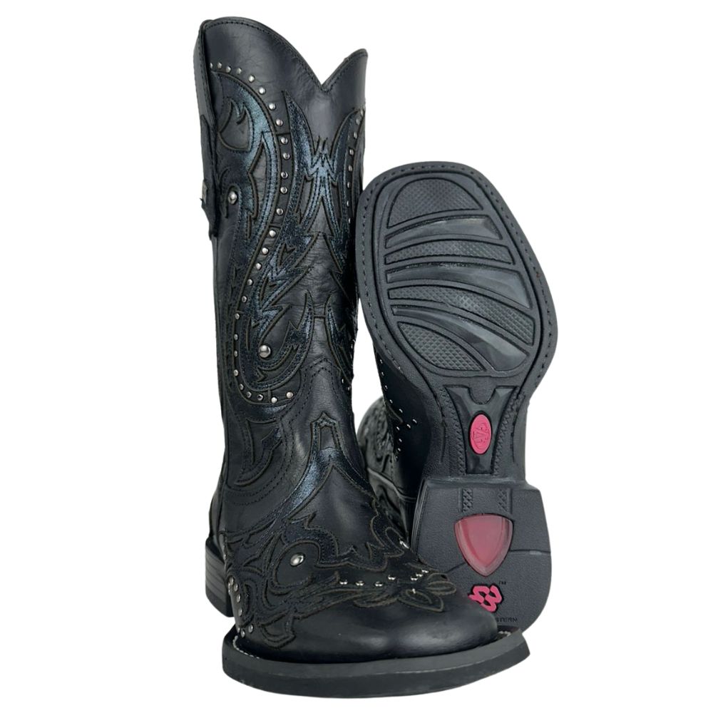 Bota Texana Feminina Vimar Bico Quadrado Couro Fóssil Metalizado Preto Bordado Com Tachinhas Prata Ref:13245