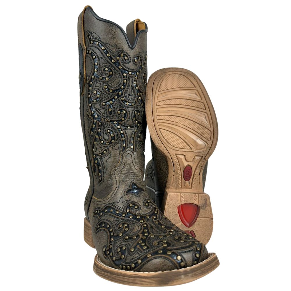 Bota Texana Feminina Vimar Bico Quadrado Couro Roc Metalizado Bordado Fundo Preto Tachinhas Douradas Ref:13258