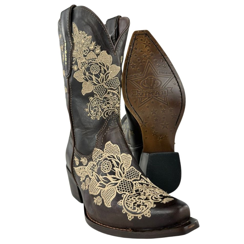 Bota Texana Feminina Vimar Boots Bico Fino Cano Médio Couro Savana Bordado Flores Bege Sola Luchese -00
