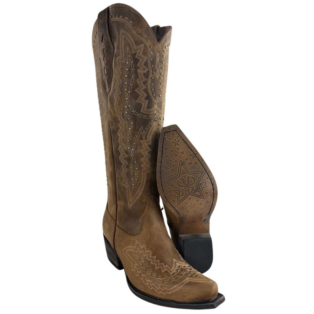 Bota Texana Feminina Vimar Boots Bico Fino Couro Fóssil Caramelo Bordado Sola Luchese Rústica Ref 10243