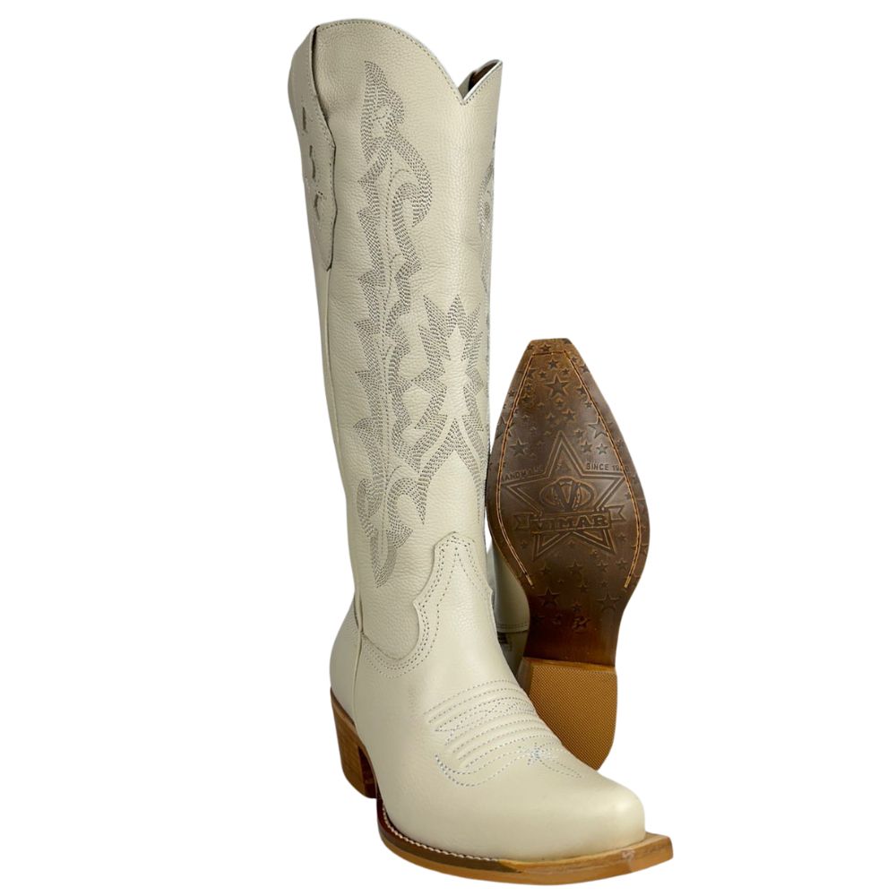 Bota Texana Feminina Vimar Boots Bico Fino Couro Milano Gelo Sola Luchese Natural Ref:10239