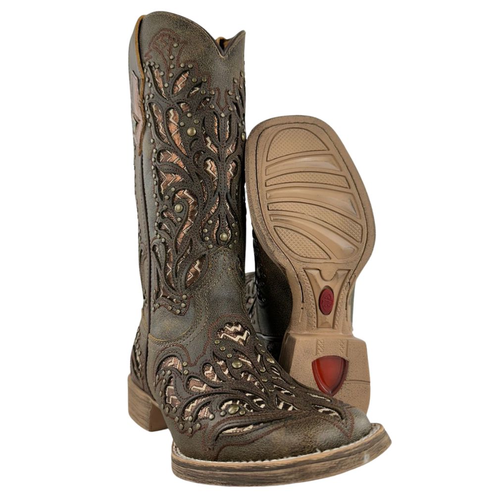 Bota Texana Feminina Vimar Boots Bico Quadrado Rock Areia Metal Com Bordado a Lazer Sola Magnum Voo Ref:13270