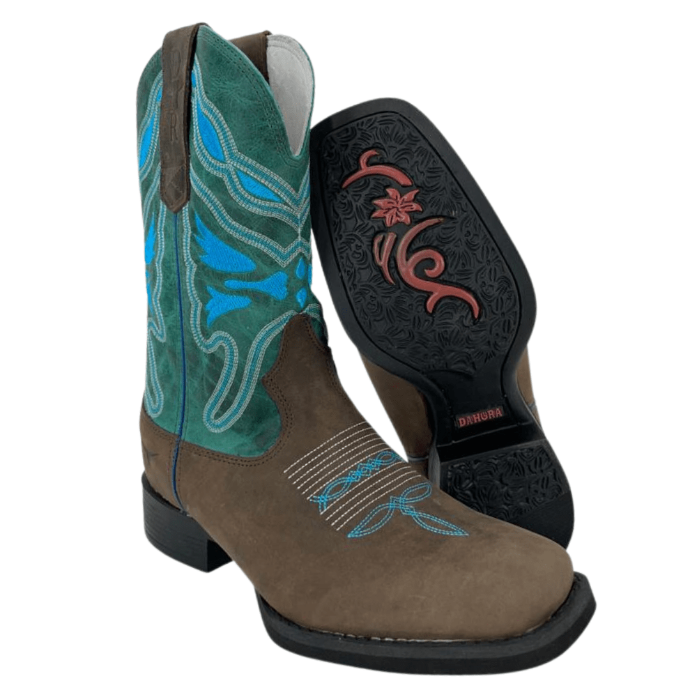Bota Texana Feminina DaHora Boots Bico Quadrado com Bordados em Azul