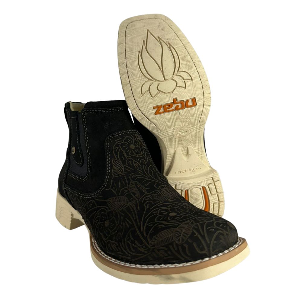 Botina Feminina Zebu Bico Quadrado Couro Nobuck Com Bordado Flor Solado Branco Ref:71126NB01B