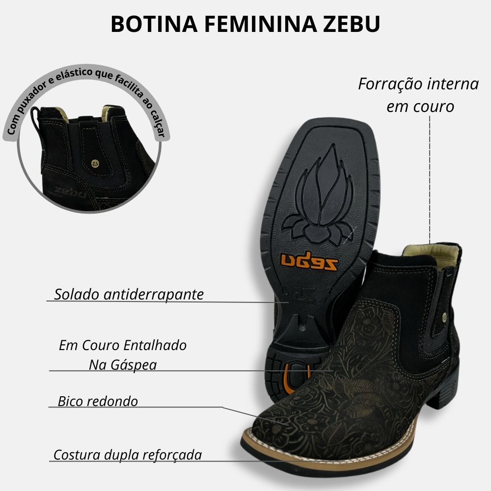 Botina Feminina Zebu Bico Quadrado Couro Nobuck Preto Entalhado