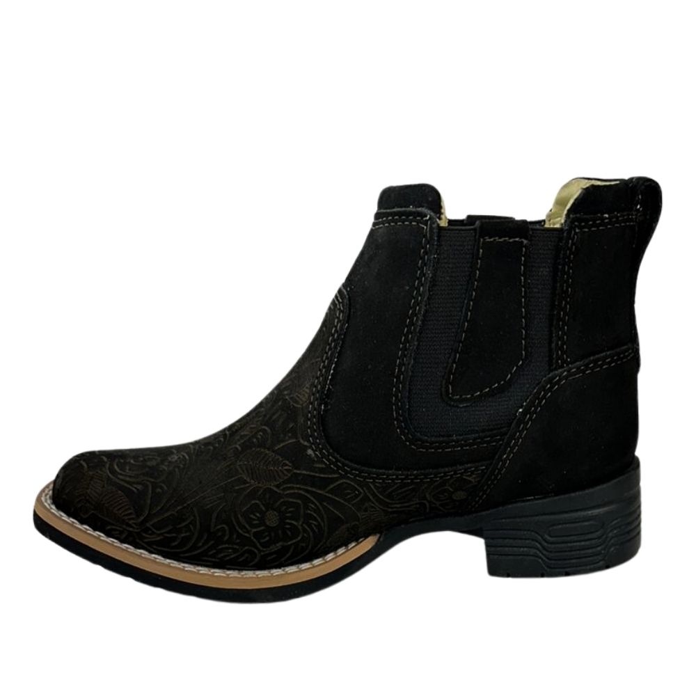 Botina Feminina Zebu Bico Quadrado Couro Nobuck Preto Entalhado