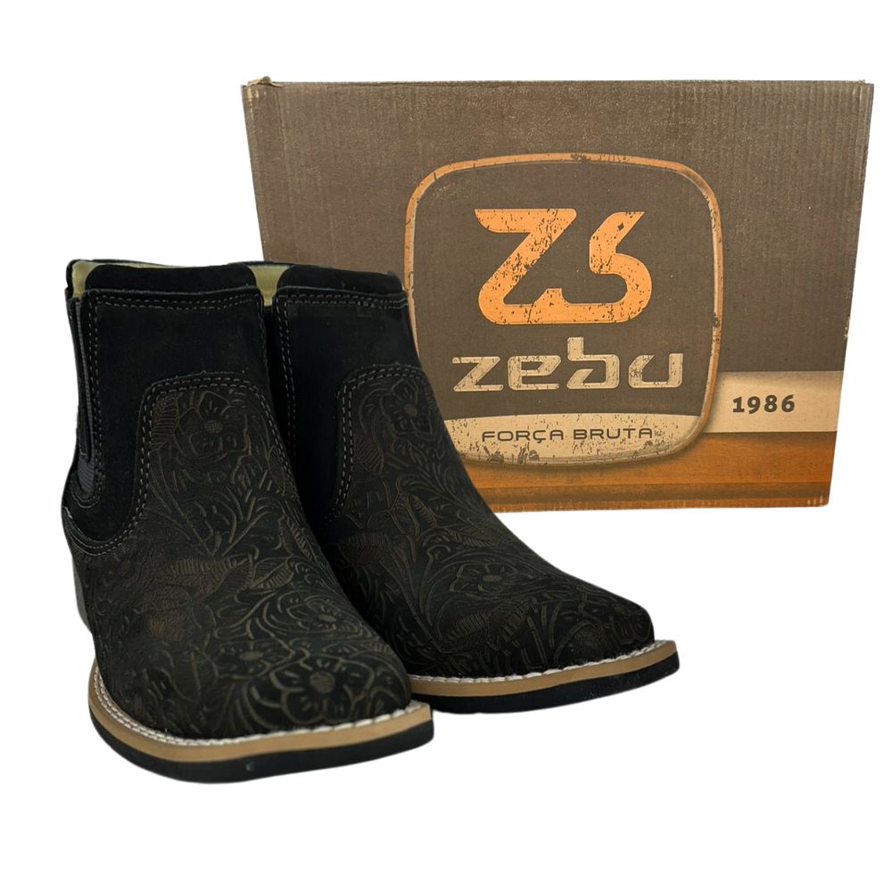 Botina Feminina Zebu Bico Quadrado Couro Nobuck Preto Entalhado