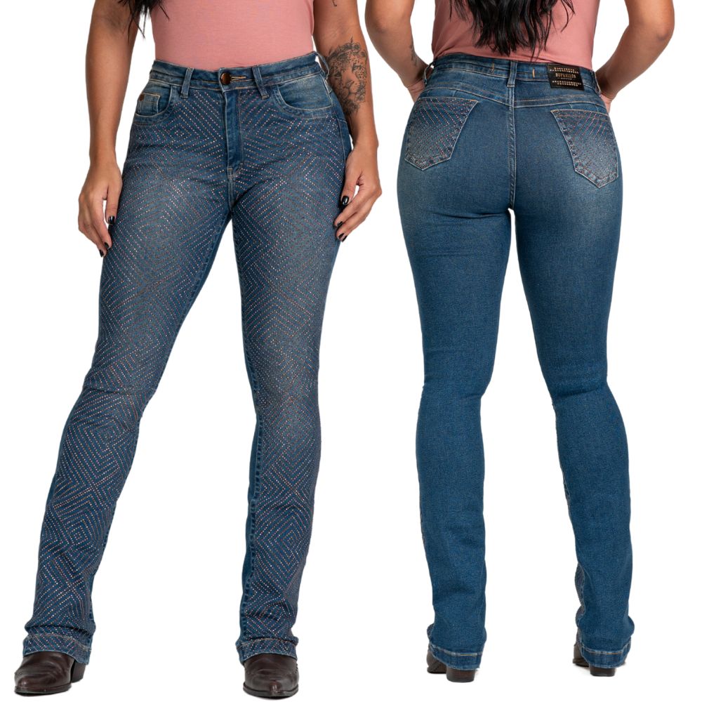 Calça Feminina Buphallos Jeans Azul Bootcut Com Bordado E Bolsos De Trás Ref:BPL1228