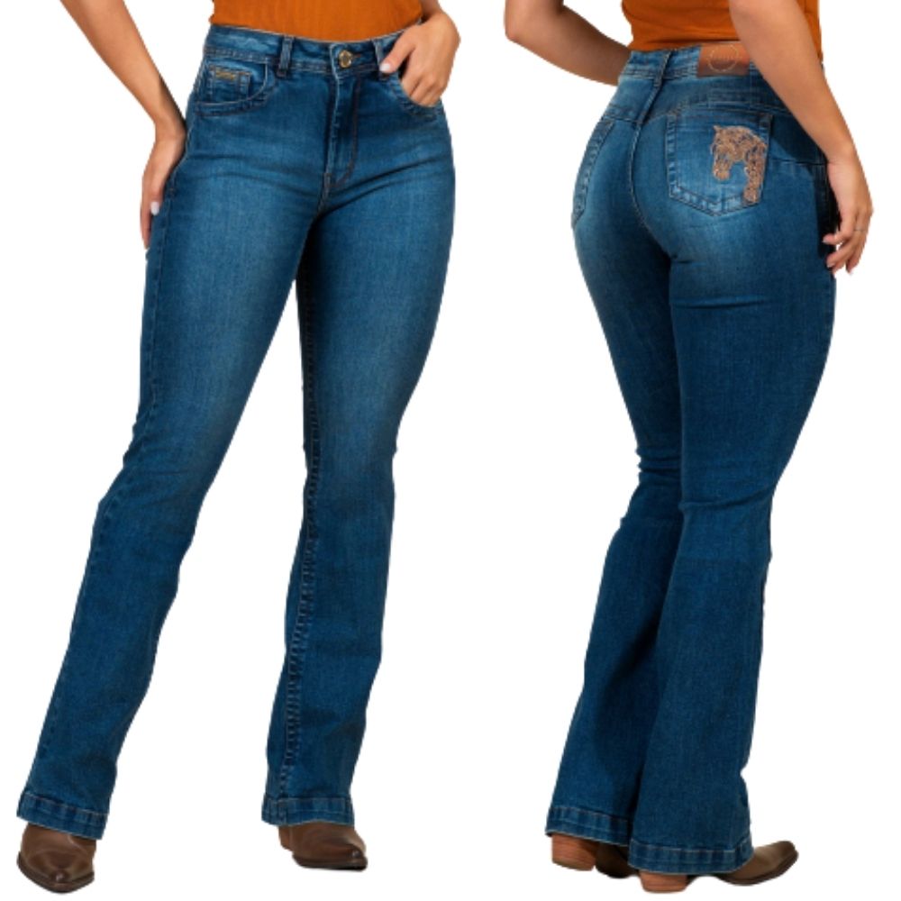 Calça Feminina Buphallos Jeans Azul Bootcut Com Bordado Horse Nos Bolsos Ref:BPL1485