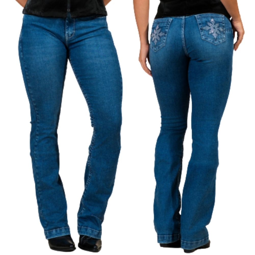 Calça Feminina Buphallos Jeans Azul Bootcut Com Bordado Strass Nos Bolsos Ref:BPL1485