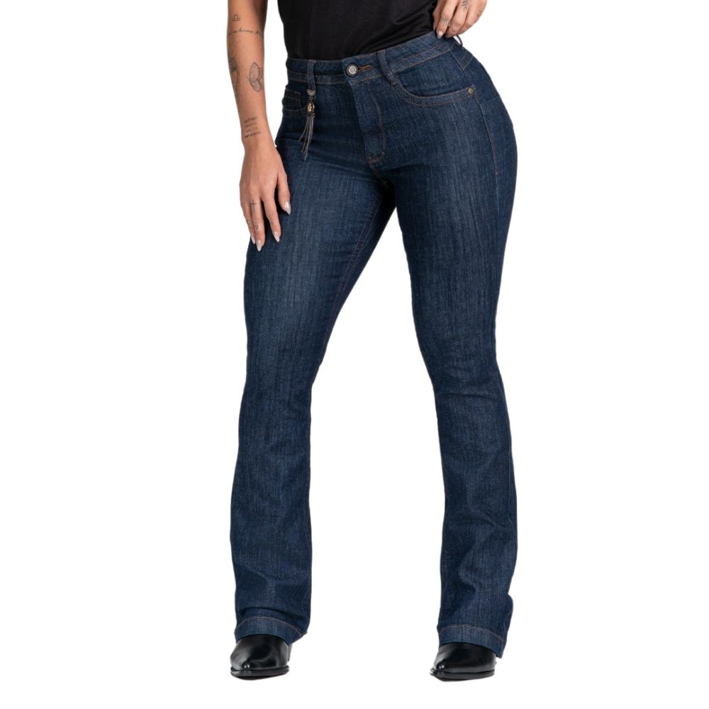 Calça Feminina Buphallos Jeans Azul Escuro Bootcut Com Detalhe De