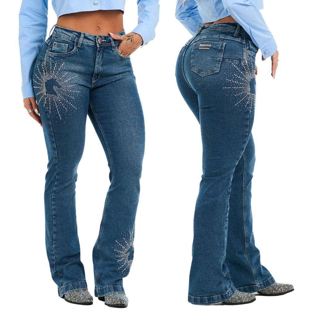 Calça Feminina Buphallos Jeans Azul Médio Boot Cut com Brilho Explosão Horses - Ref:BPL974