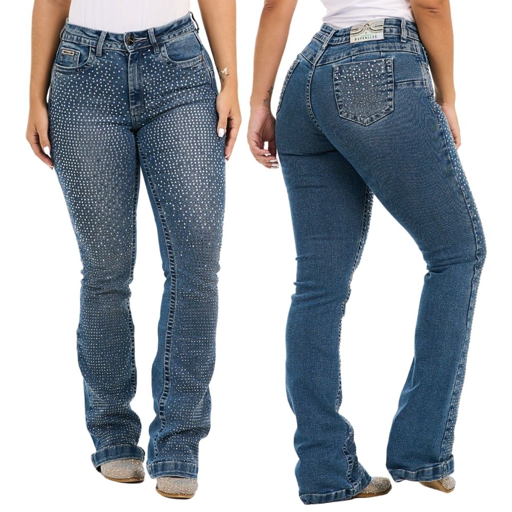 Calça Feminina Buphallos Jeans Azul Médio Boot Cut Com Brilhos Premium Luxo-Ref.BPL979