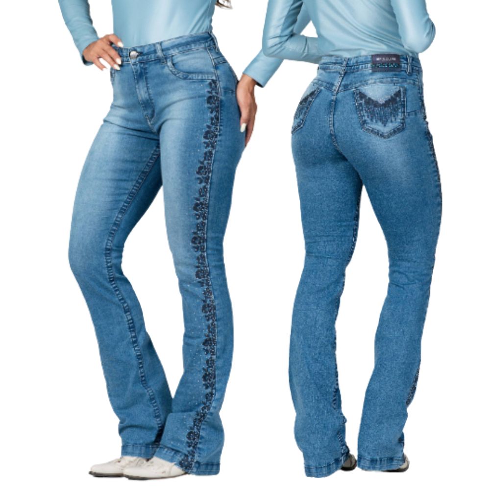 Calça Feminina Buphallos Jeans Azul Médio Bootcut Com Bordado De Flores Azul E Brilho Ref:BPL1271