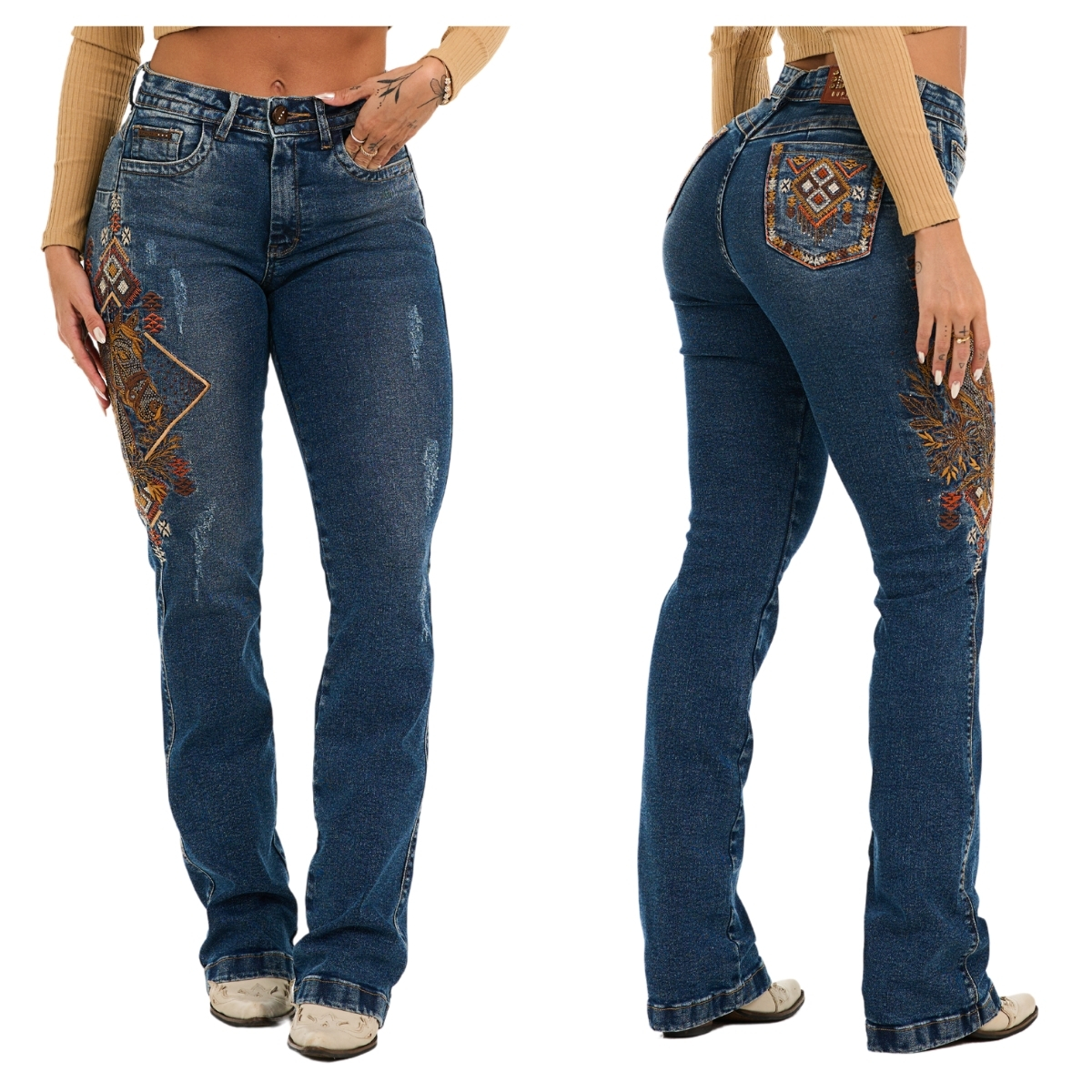 Calça Feminina Buphallos Jeans Azul Médio Bootcut Com Bordado Em Strass Na Lateral Horses - REF: BPL950