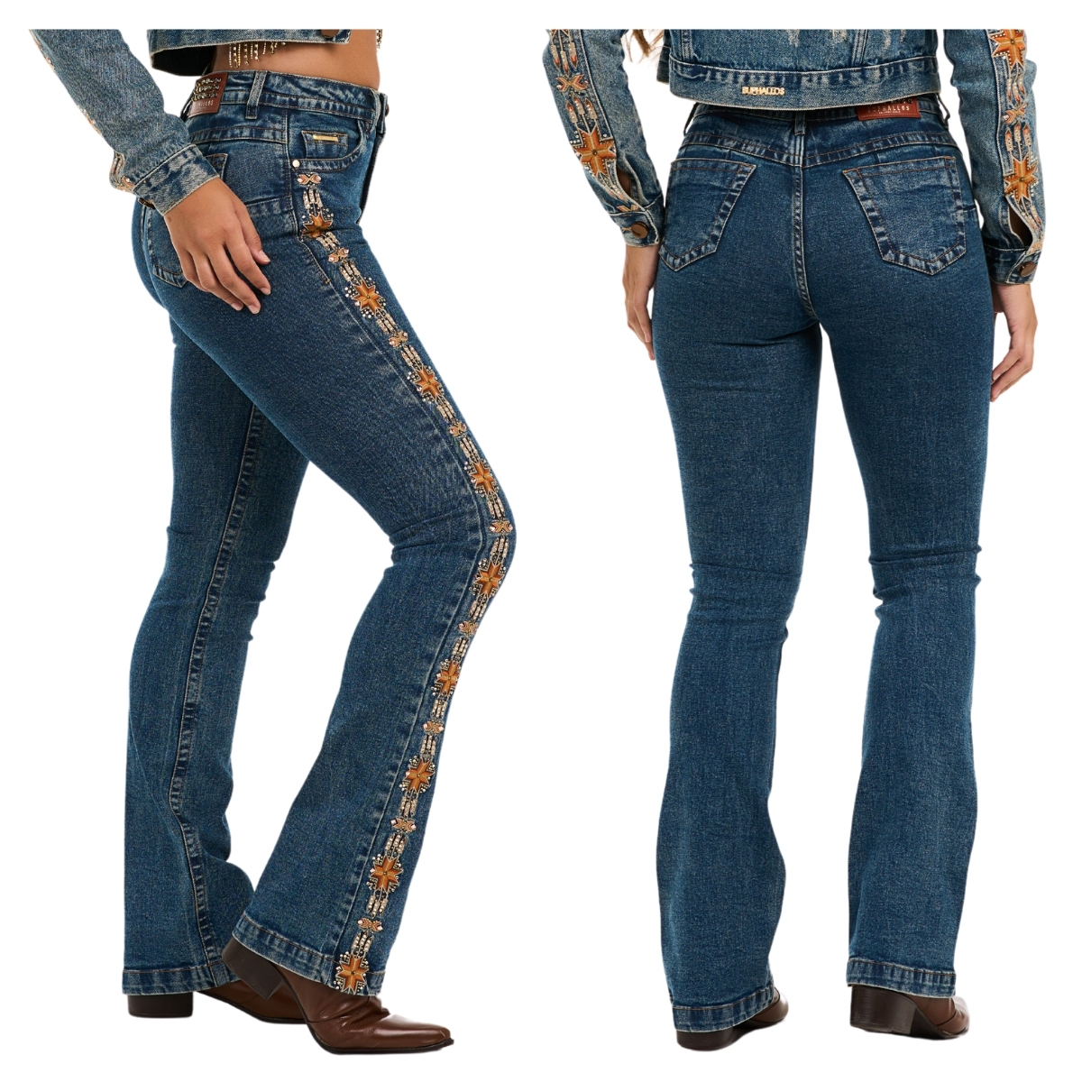 Calça Feminina Buphallos Jeans Azul Médio Bootcut Com Bordados Em Strass Indiano - REF: BPL1064