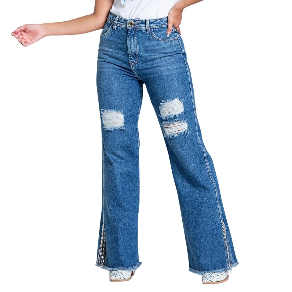 Calça Feminina Buphallos Jeans Azul Médio Wide Leg Com Puídos e Strass Na Barra Ref.BPL409