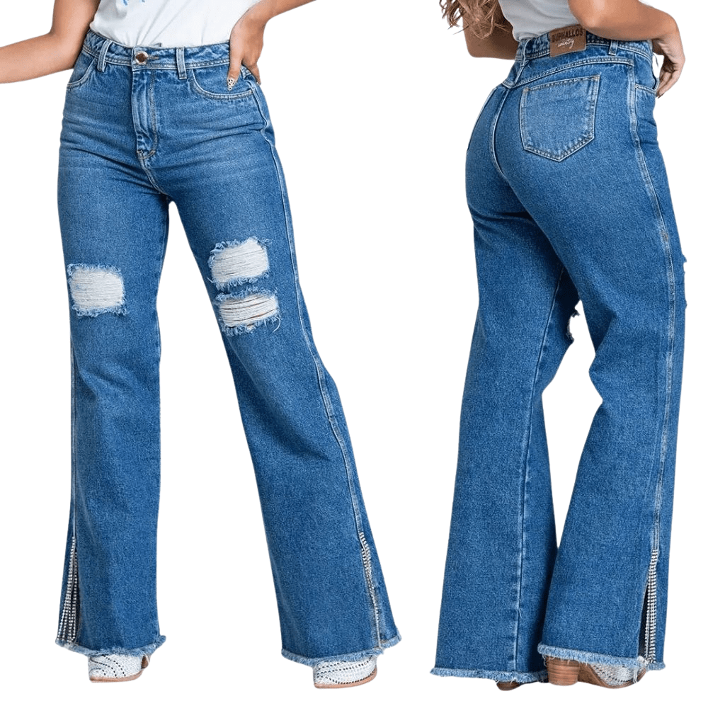 Calça Feminina Buphallos Jeans Azul Médio Wide Leg Com Puídos e Strass Na Barra Ref.BPL409