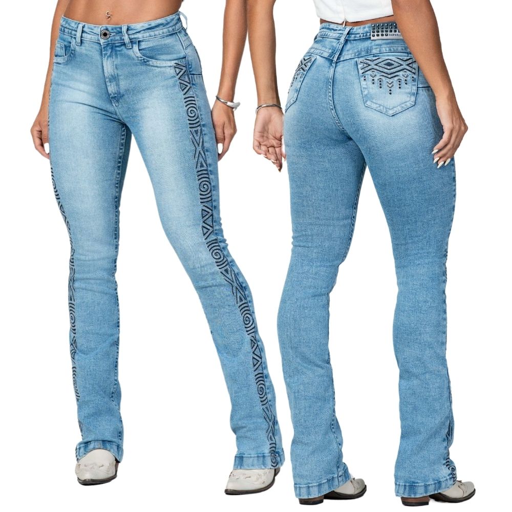 Calça Feminina Buphallos Jeans Claro Bootcut Com Bordados Bolsos E Lateral Ref:BPL1269