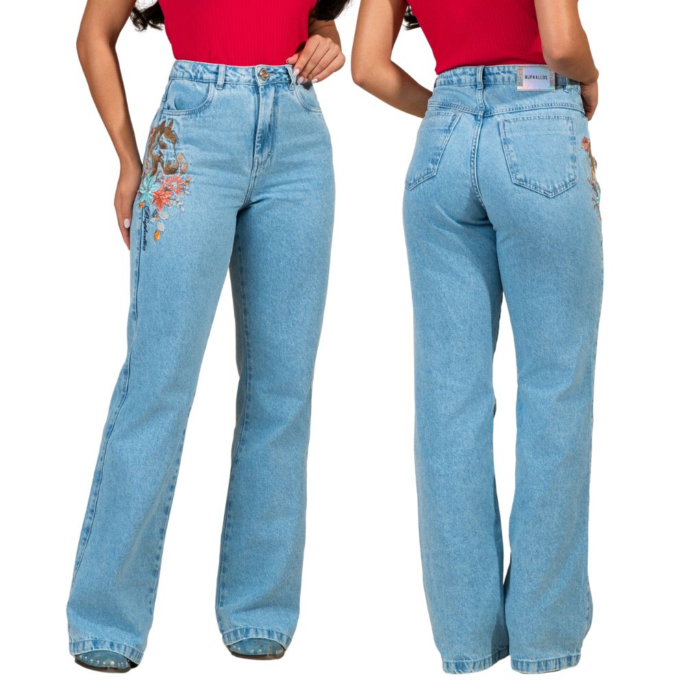 Calça Feminina Buphallos Jeans Claro Wide Leg Reta Com Horse Lateral Bordado Ref:BPL1527