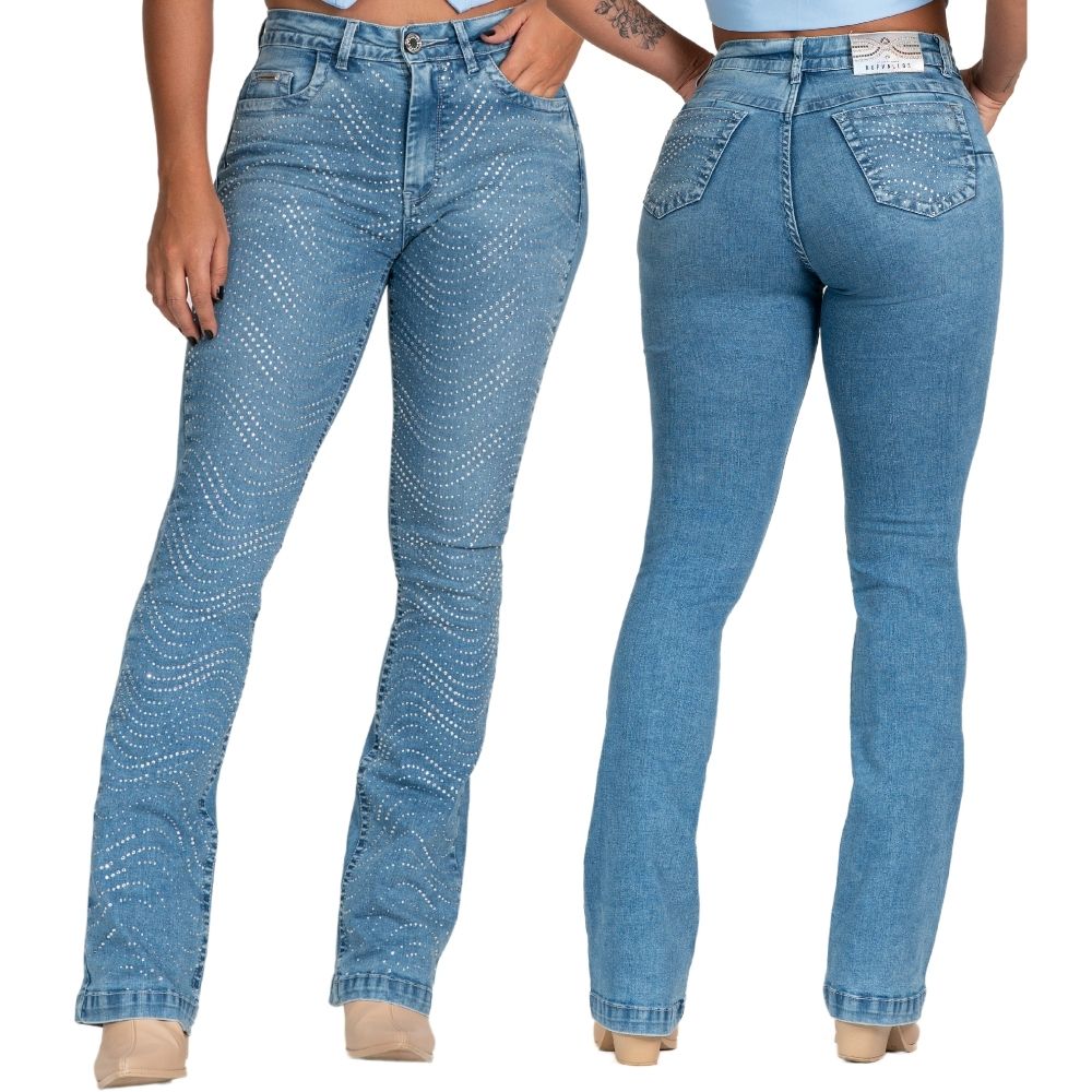 Calça Feminina Buphallos Jeans Delavê Bootcut Com Strass Na Frente Ref: BPL1230