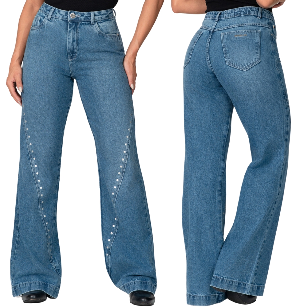 Calça Feminina Buphallos Jeans Wide Leg Com Tachas REF:1806