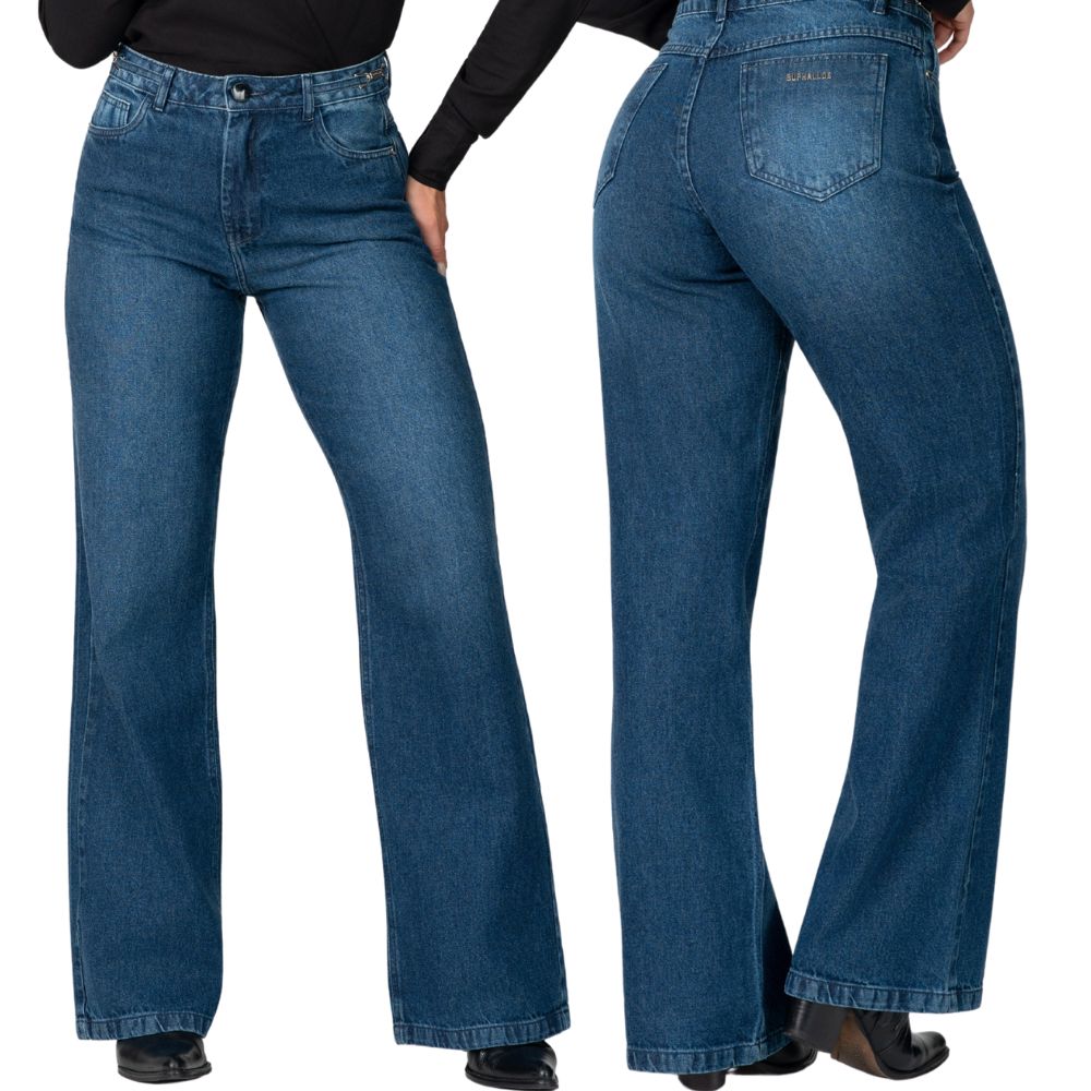Calça Feminina Buphallos Jeans Wide Leg Básica Ref:1788
