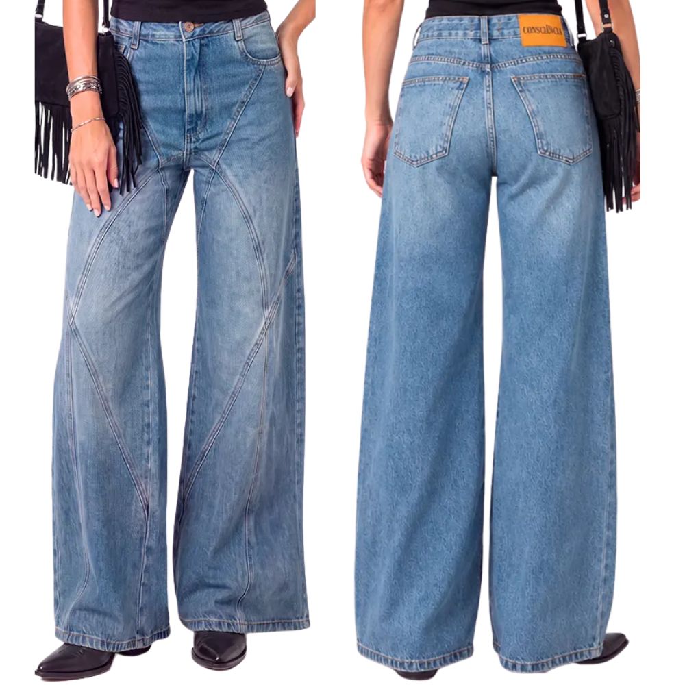 Calça Feminina Consciência Jeans Azul Médio Wide Hanger Com Recortes Ref:25774