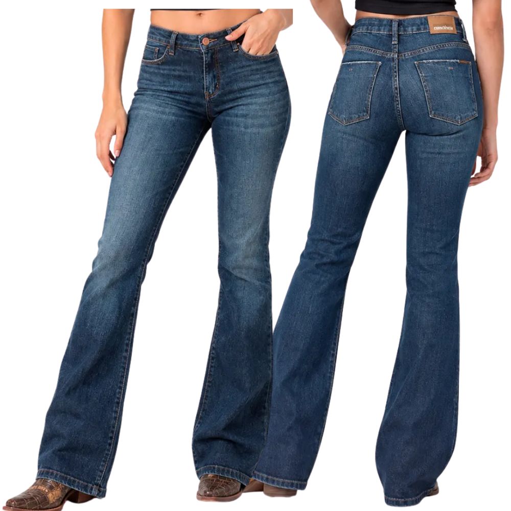 Calça Feminina Consciência Jeans Escura Com Bigode Bootcut Flare Com Cintura Baixa Ref:25760