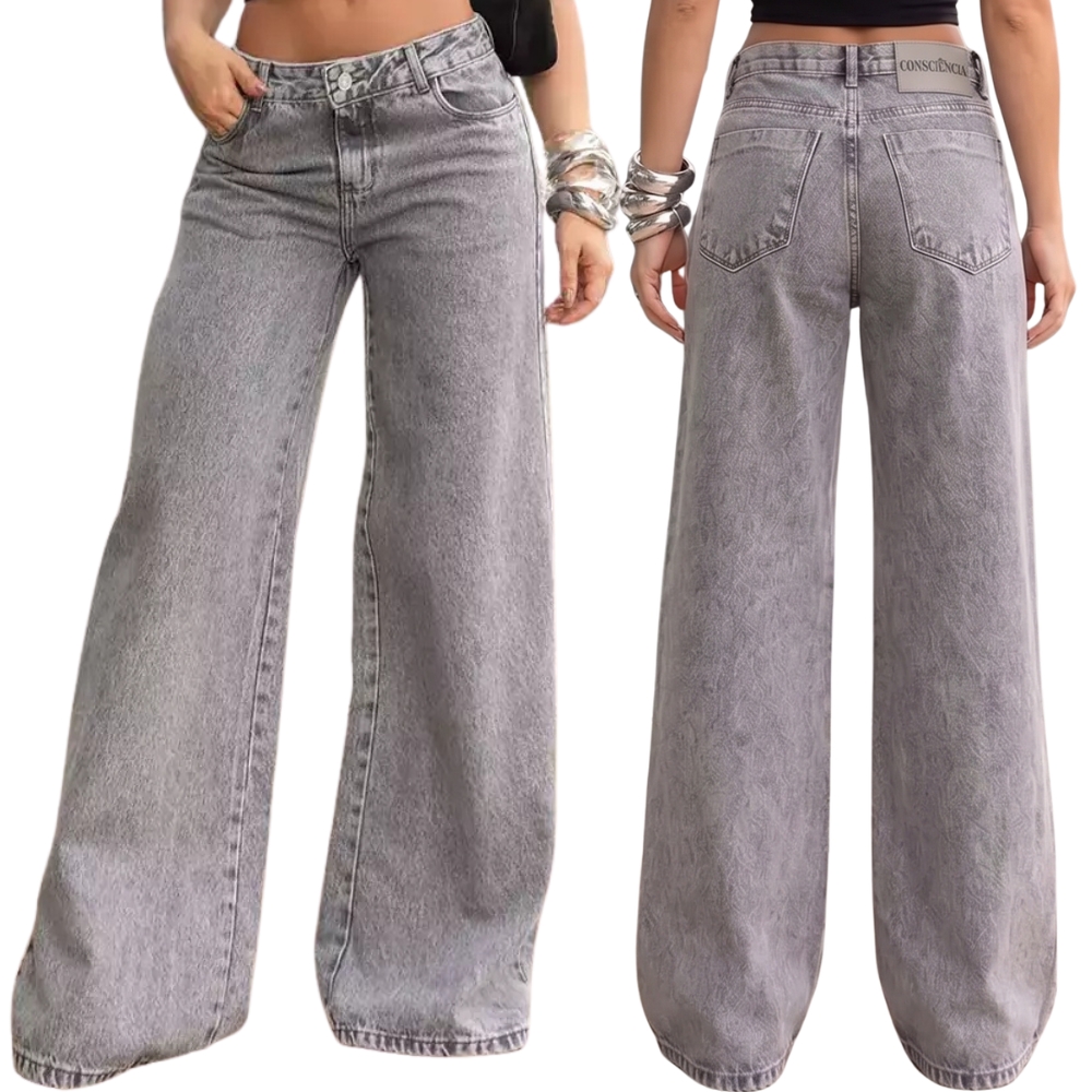Calça Feminina Consciência Jeans Wide Leg Relaxed Cintura Baixa Jeans Cinza REF:29909