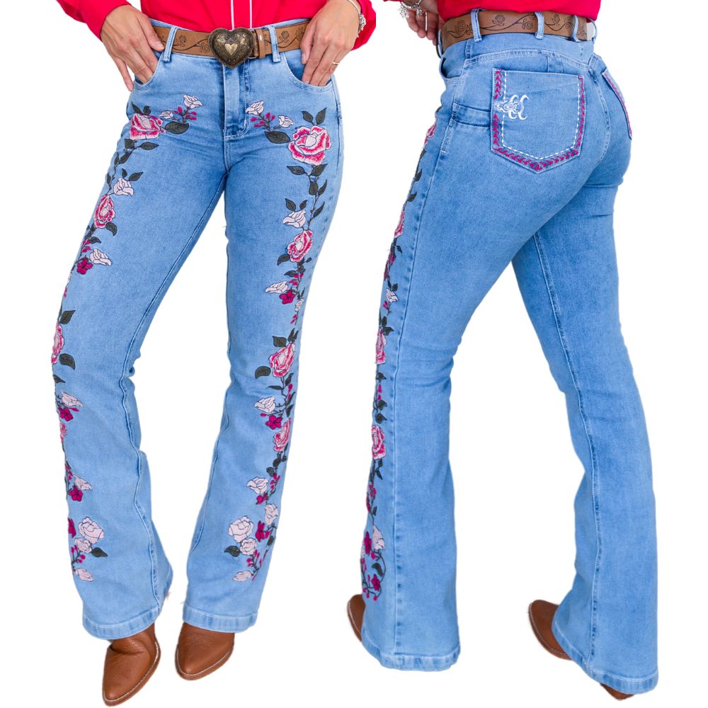 Calça Feminina Country City Jeans Delavê Bootcut Bordado Rosas Ref: DANI CBD2042