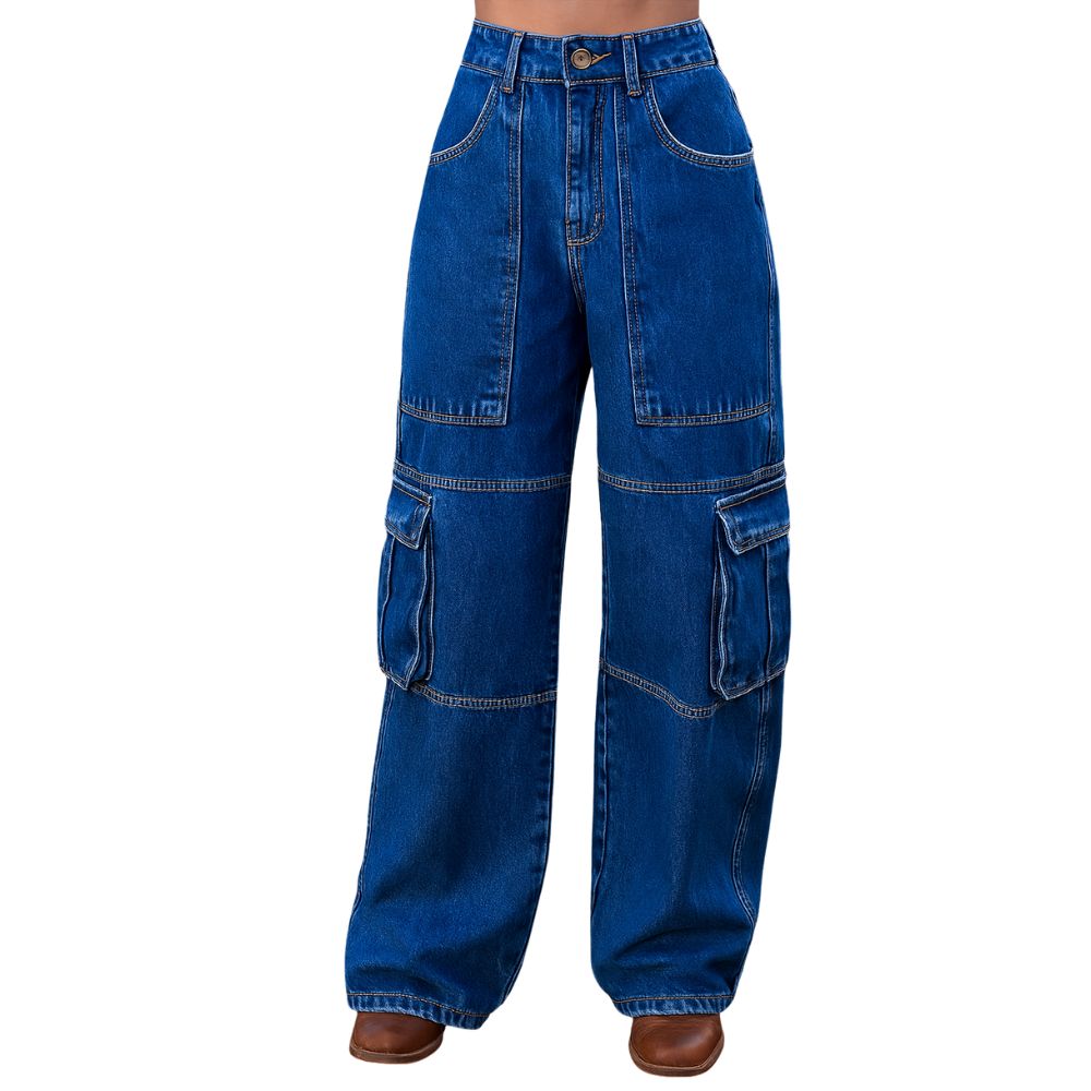 Calça Feminina Country City Jeans Escura Cargo Vanessa Ref:CC20962