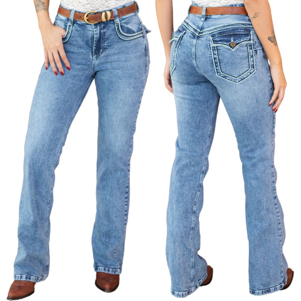 Calça Feminina Country City Jeans Isa Azul Marmorizada Bordado Barra Flare Ref:CB12113
