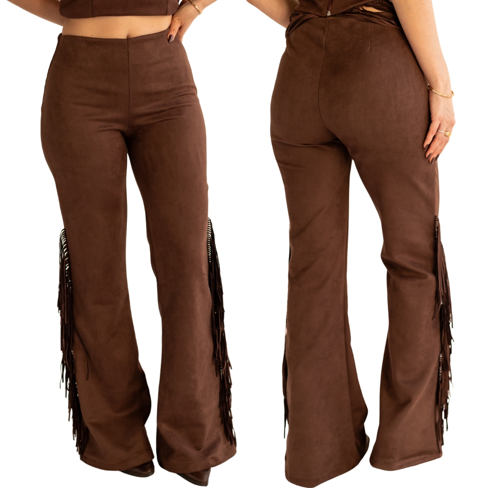 Calça Feminina Country City Virginia Marrom Com Franjas Na Lateral E Barra Flare REF:CV2106