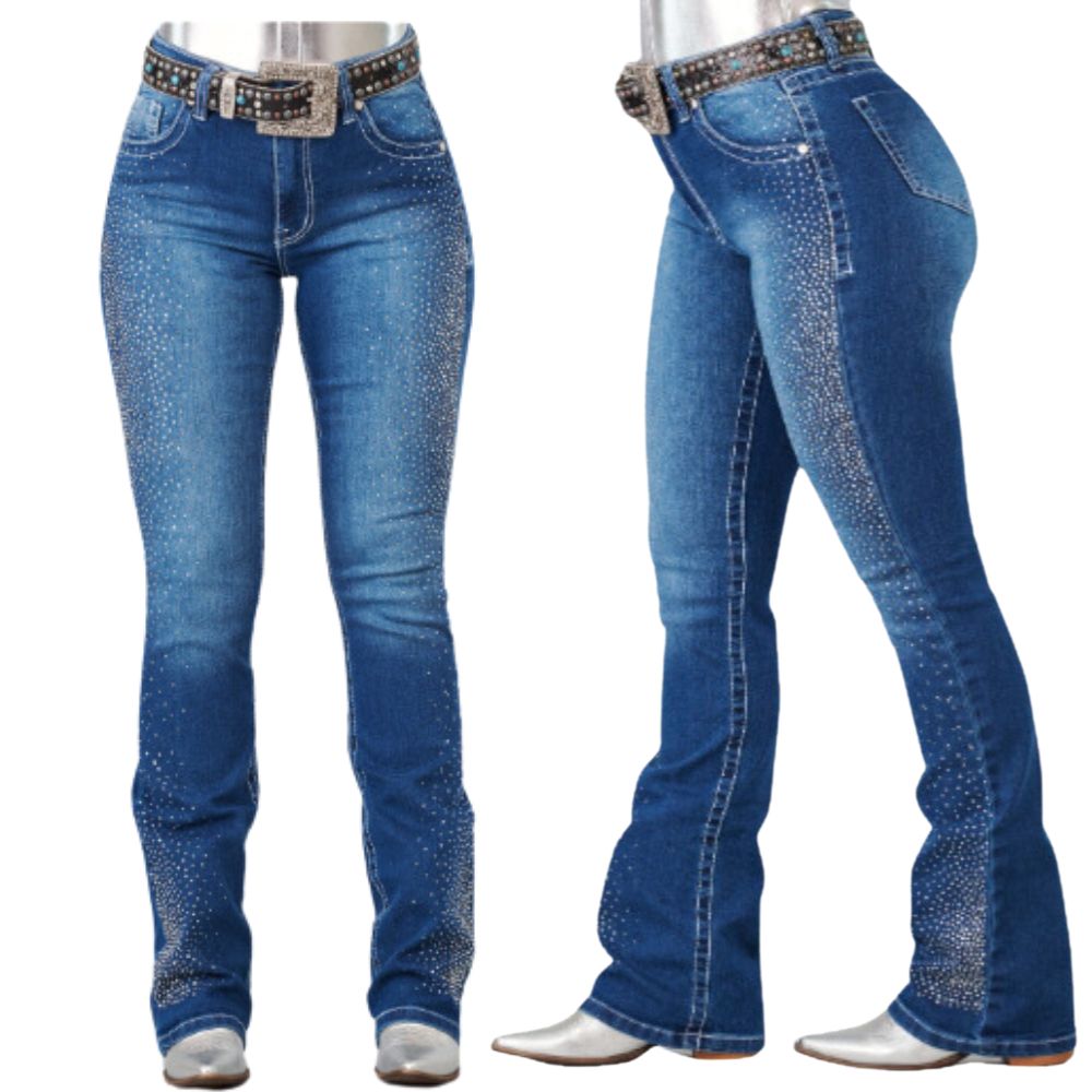 Calça Feminina Docks Jeans Azul Médio Com Strass Frente Flare DW53- Ref: 0202747-005