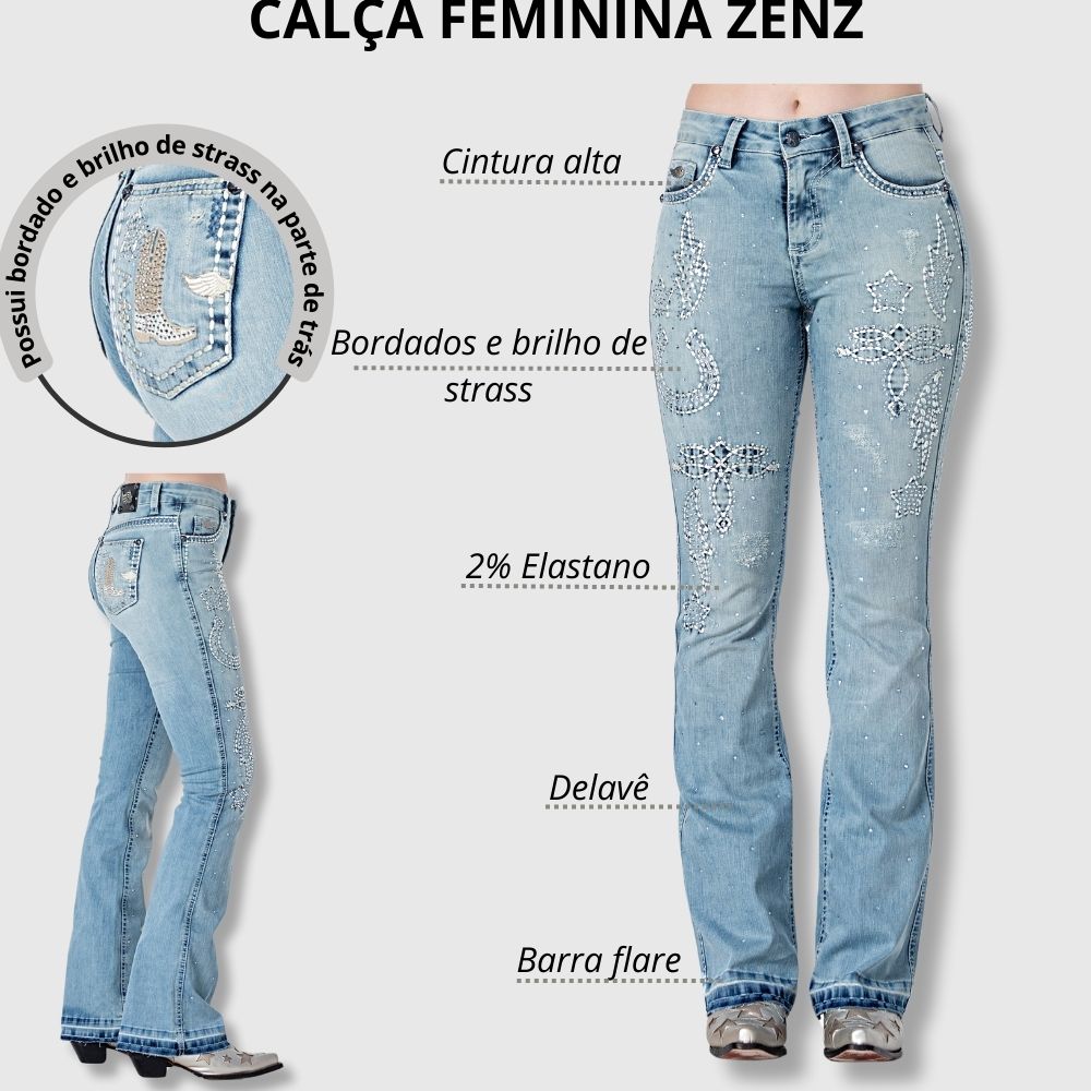 Calça Feminina Zenz Jeans Azul Delavê Flare Com Bordados de - Main Image