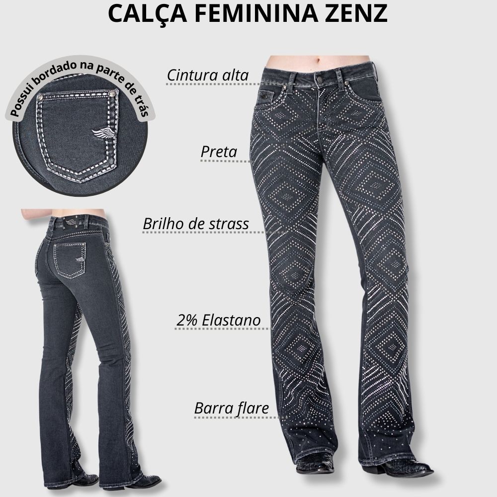 Calça Feminina Zenz Jeans Preta Flare Com Pedrarias e Brilho de