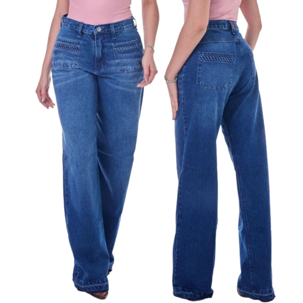 Calça Feminina Radade Wide Leg Azul Detalhe Trançado