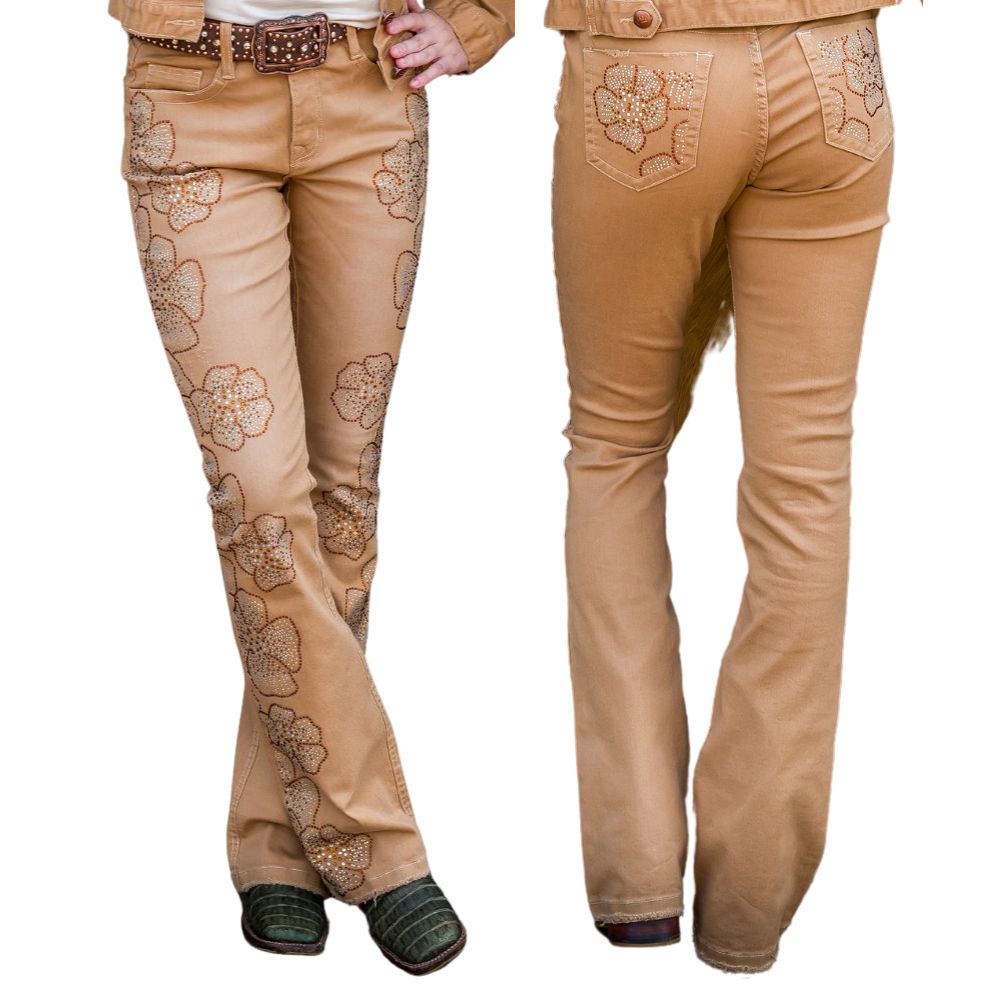 Calça Feminina Miss Country Camel Caramelo De Sarja C/ Bordados Em Flores Brilhantes Ref:1042