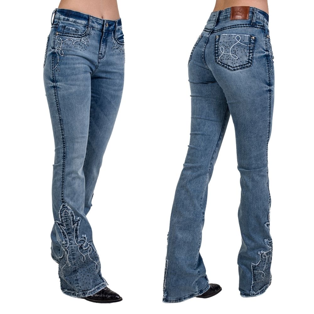 Calça Feminina Miss Country Jeans Delavê Las Vegas Com Aplicação Prata Modelo Flare - Ref.1047