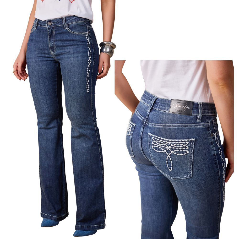 Calça Feminina Moon Horse Jeans Azul Bootcut Dust Bordado Florão Nos Bolsos E Lateral Em Cru Ref:01.03.160