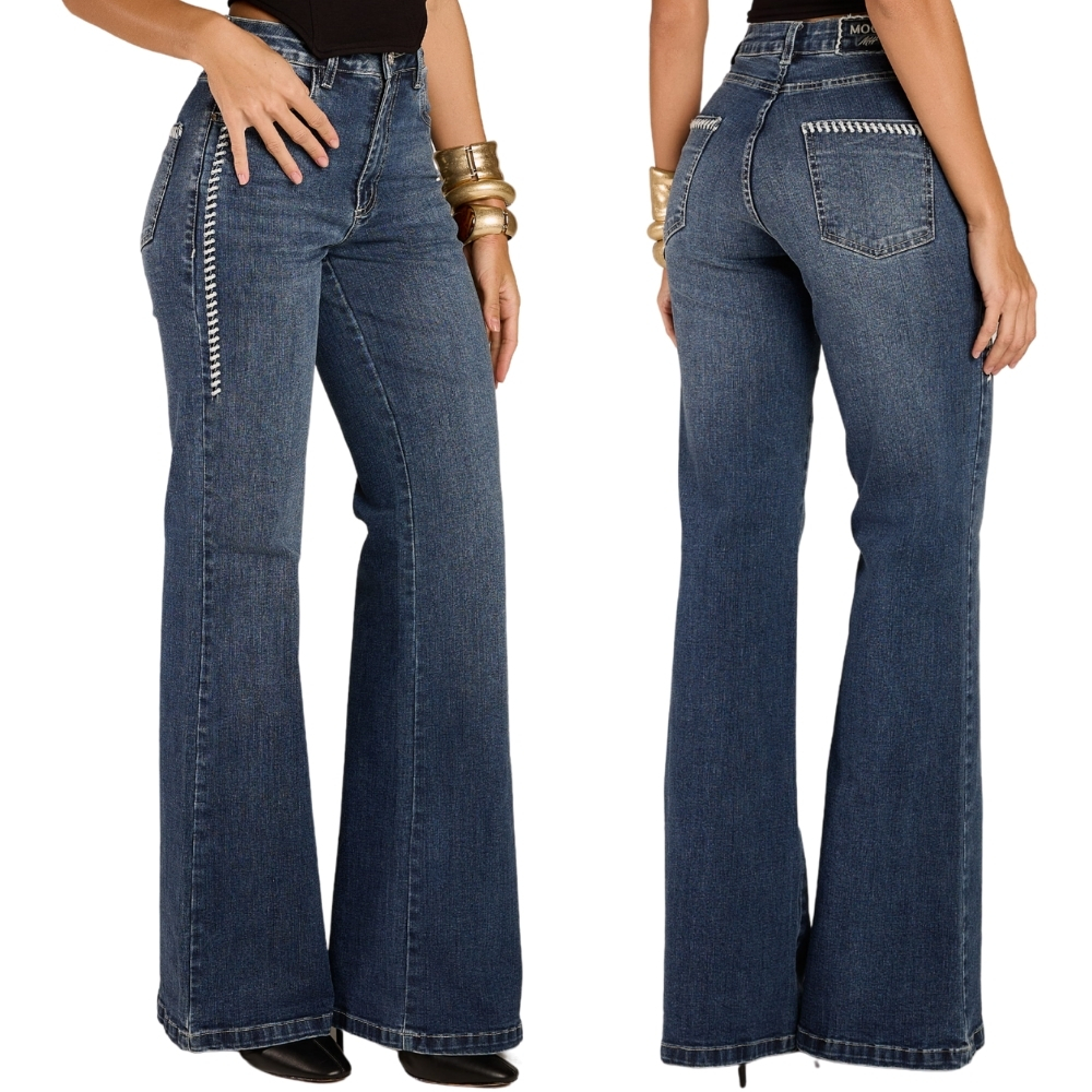 Calça Feminina Moon Horse Azul Médio Wide Leg Any Bordado Branco REF:01.13.166