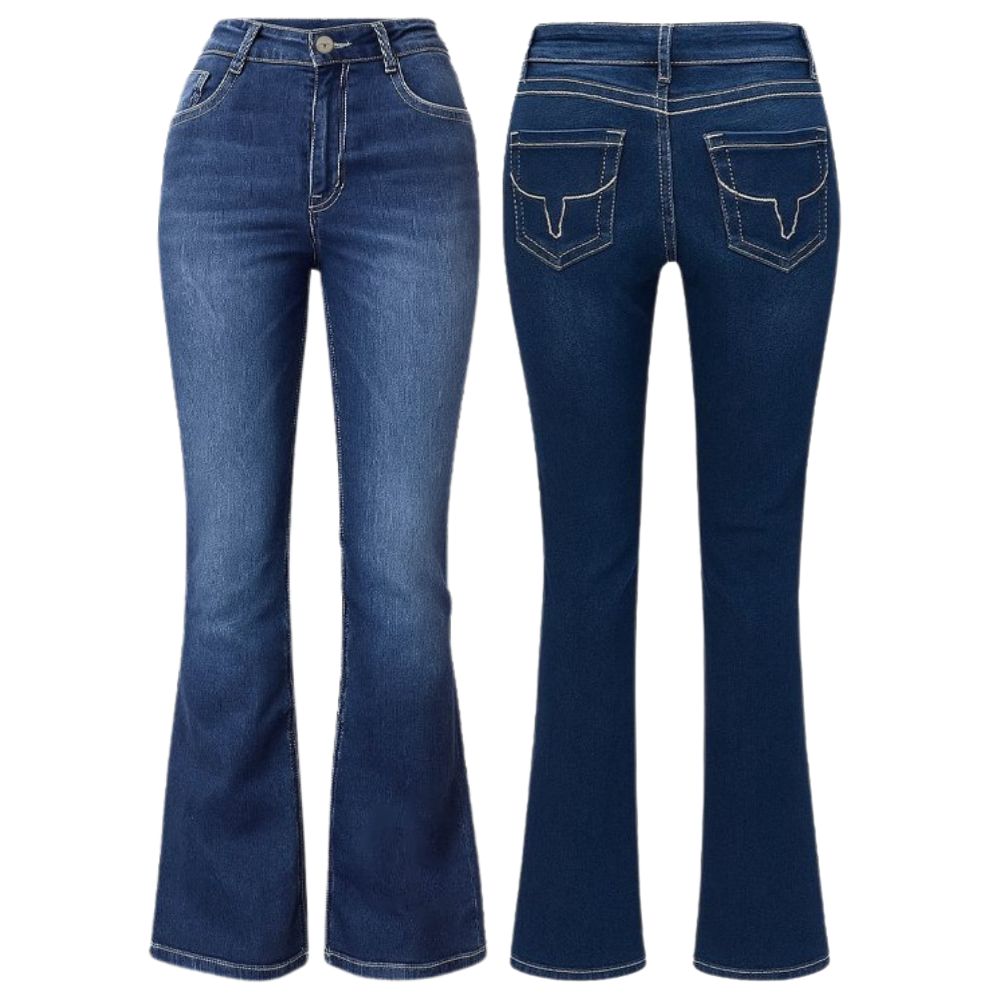 Calça Feminina Os Moiadeiros Jeans Azul Dark Blue Com Linha Branco Flare Ref:MORS01